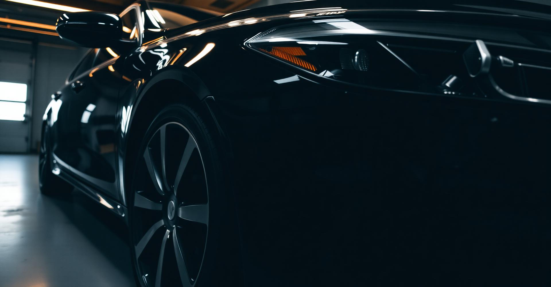 Carro escuro com pintura brilhante em ambiente de detalhamento